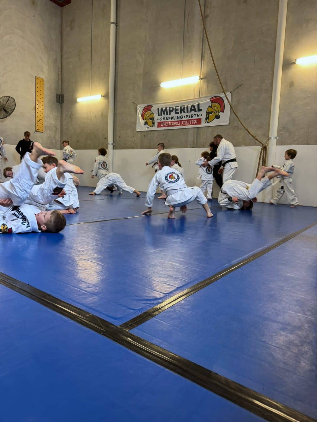 Kids drilling shrimps and rolls across the width of the mat, the club crest banner on the wall behind them